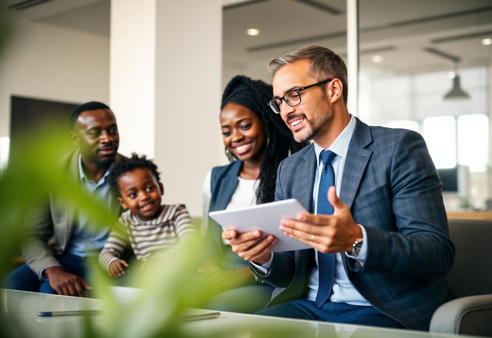 Insurance advisor consulting with a Kenyan family in a modern office