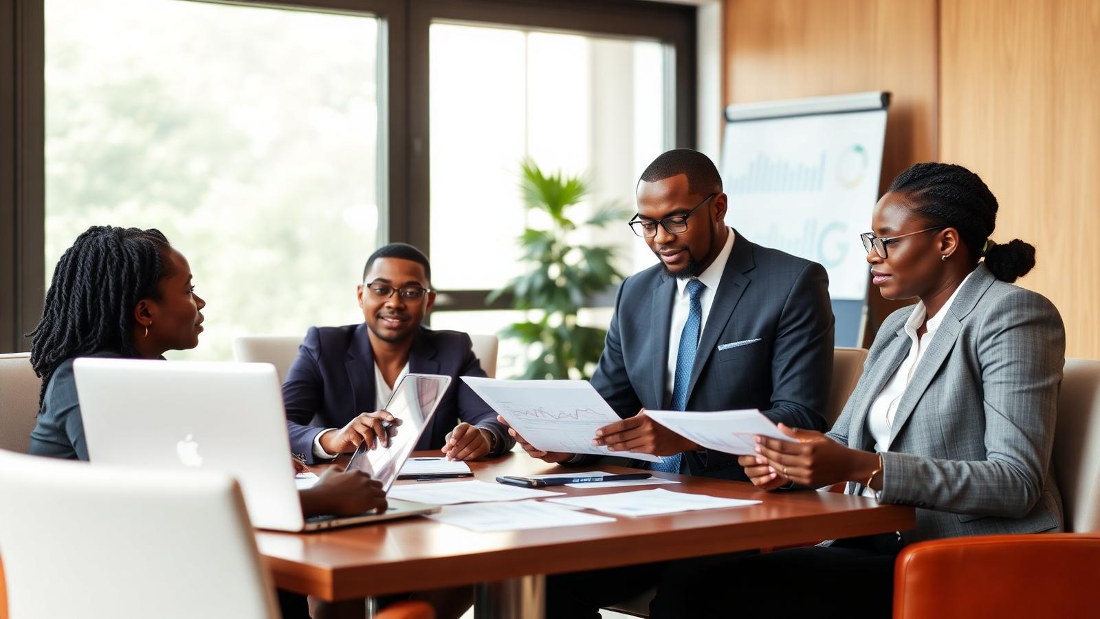 Business professionals discussing insurance policies
